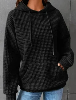 Sale Women's Hoodie Sweatshirt Pullover Casual Texture Sweatshirt Waffle Sweatshirt Plain Dailywear Hooded Front Pocket Long Sleeve Black White Pink Gray Fall & Winter Women Hoodies & Sweatshirts