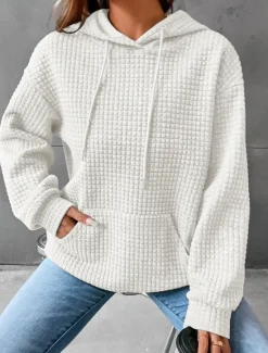 Sale Women's Hoodie Sweatshirt Pullover Casual Texture Sweatshirt Waffle Sweatshirt Plain Dailywear Hooded Front Pocket Long Sleeve Black White Pink Gray Fall & Winter Women Hoodies & Sweatshirts