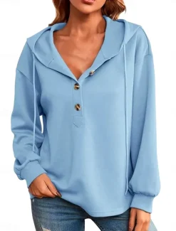 Discount Women's Hoodie Sweatshirt Casual Graphic Plain Street Dailywear Hooded Buttons Print Long Sleeve Navy Blue Blue Light Blue Fall Winter Women Hoodies & Sweatshirts