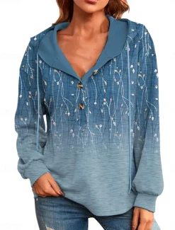 Discount Women's Hoodie Sweatshirt Casual Graphic Plain Street Dailywear Hooded Buttons Print Long Sleeve Navy Blue Blue Light Blue Fall Winter Women Hoodies & Sweatshirts
