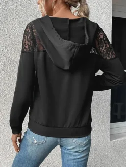 Discount Women's Hoodie Sweatshirt Casual Plain Street Dailywear Hoodie Patchwork Pocket Long Sleeve Fall Women Lace Tops