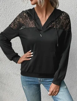 Discount Women's Hoodie Sweatshirt Casual Plain Street Dailywear Hoodie Patchwork Pocket Long Sleeve Fall Women Lace Tops