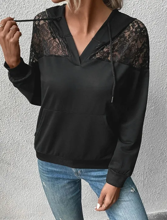 Discount Women's Hoodie Sweatshirt Casual Plain Street Dailywear Hoodie Patchwork Pocket Long Sleeve Fall Women Lace Tops