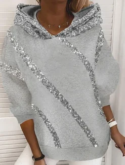Discount Women's Hoodie Sweatshirt Casual Street Dailywear Hoodie Sequins Patchwork Long Sleeve Black Gray Fall Winter Women Hoodies & Sweatshirts