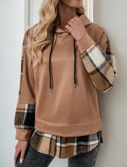 Discount Women's Hoodie Sweatshirt Casual Plaid Street Dailywear Hoodie Patchwork Print Long Sleeve Fall Winter Women Hoodies & Sweatshirts