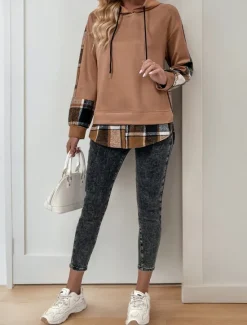 Discount Women's Hoodie Sweatshirt Casual Plaid Street Dailywear Hoodie Patchwork Print Long Sleeve Fall Winter Women Hoodies & Sweatshirts