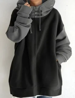 Discount Women's Hoodie Sweatshirt Casual Plain Street Dailywear Hoodie Patchwork Zipper Pocket Long Sleeve Black Coffee Fall Winter Women Hoodies & Sweatshirts