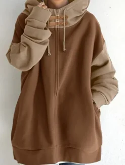 Discount Women's Hoodie Sweatshirt Casual Plain Street Dailywear Hoodie Patchwork Zipper Pocket Long Sleeve Black Coffee Fall Winter Women Hoodies & Sweatshirts