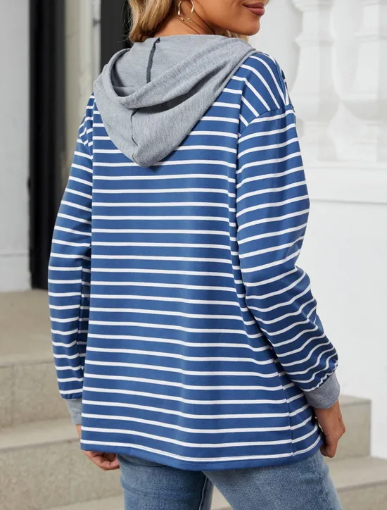Online Women's Hoodie Sweatshirt Casual Striped Street Dailywear Hoodie Buttons Print Long Sleeve Navy Blue Green Fall Winter Women Hoodies & Sweatshirts