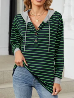 Online Women's Hoodie Sweatshirt Casual Striped Street Dailywear Hoodie Buttons Print Long Sleeve Navy Blue Green Fall Winter Women Hoodies & Sweatshirts