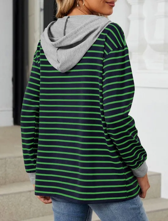 Online Women's Hoodie Sweatshirt Casual Striped Street Dailywear Hoodie Buttons Print Long Sleeve Navy Blue Green Fall Winter Women Hoodies & Sweatshirts