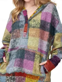 Discount Women's Hoodie Sweatshirt Active Fashion Streetwear Plaid Street Dailywear Casual Hoodie Buttons Pocket Print Long Sleeve Fall Winter Women Hoodies & Sweatshirts