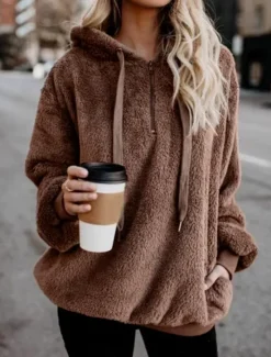 Outlet Women's Hoodie Sweatshirt Casual Sherpa Plain Street Dailywear Hoodie Zipper Pocket Long Sleeve Wine Brown Green Fall Winter Women Hoodies & Sweatshirts