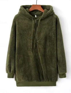 Outlet Women's Hoodie Sweatshirt Casual Sherpa Plain Street Dailywear Hoodie Zipper Pocket Long Sleeve Wine Brown Green Fall Winter Women Hoodies & Sweatshirts