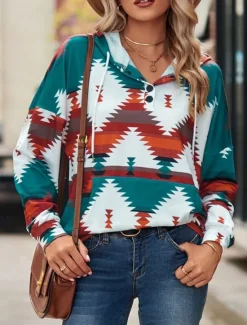 Women's Hoodie Sweatshirt Casual Geometric Dailywear Crew Neck Long Sleeve Yellow Pink Blue Green Fall Winter Women Hoodies & Sweatshirts