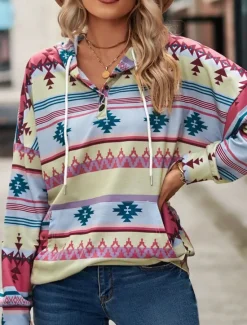 Women's Hoodie Sweatshirt Casual Geometric Dailywear Crew Neck Long Sleeve Yellow Pink Blue Green Fall Winter Women Hoodies & Sweatshirts
