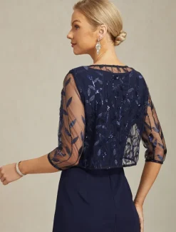 Online Women's Jacket Blazer Lace Embroidered Sequin Elegant Floral Formal Anniversary Party Wedding Guest Open Front Short Crewneck Regular Fit 3/4 Length Sleeve Outerwear Spring Fall Women Blazers & Suits