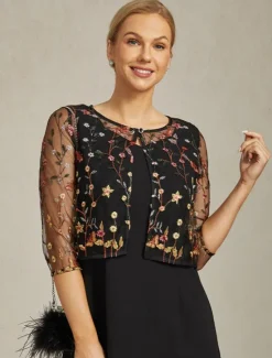 Discount Women's Jacket Blazer Lace Embroidered Elegant Floral Formal Anniversary Party Wedding Guest Open Front Short Crewneck Regular Fit 3/4 Length Sleeve Outerwear Summer Spring Women Blazers & Suits