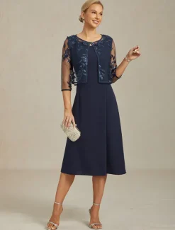Online Women's Jacket Blazer Lace Embroidered Sequin Illusion Lace Elegant Floral Formal Anniversary Party Wedding Guest Open Front Short Crewneck Regular Fit 3/4 Length Sleeve Outerwear Navy Women Blazers & Suits