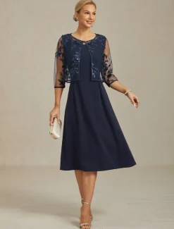 Online Women's Jacket Blazer Lace Embroidered Sequin Illusion Lace Elegant Floral Formal Anniversary Party Wedding Guest Open Front Short Crewneck Regular Fit 3/4 Length Sleeve Outerwear Navy Women Blazers & Suits