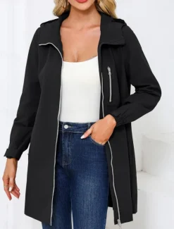 Sale Women's Jacket Casual Jacket Work Pocket Solid Color Windproof Fashion Loose Fit Outerwear Long Sleeve Fall Black S Women Jackets