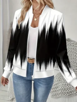Clearance Women's Jacket Comfortable Print Outdoor Casual Boho Vintage Geometric Vacation Home Casual Daily Wear Short Baseball Collar Regular Fit Long Sleeve Outerwear Black And White Light Yellow Leopard Women Jackets