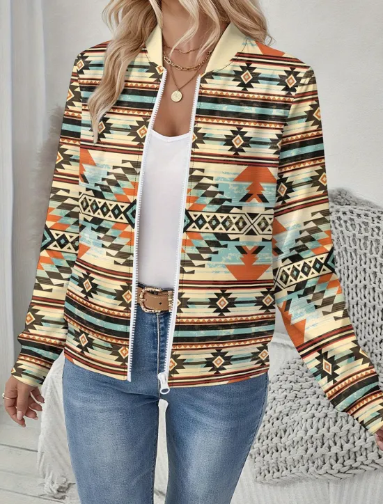 Clearance Women's Jacket Comfortable Print Outdoor Casual Boho Vintage Geometric Vacation Home Casual Daily Wear Short Baseball Collar Regular Fit Long Sleeve Outerwear Black And White Light Yellow Leopard Women Jackets