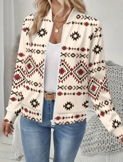 Clearance Women's Jacket Comfortable Print Outdoor Casual Boho Vintage Geometric Vacation Home Casual Daily Wear Short Baseball Collar Regular Fit Long Sleeve Outerwear Black And White Light Yellow Leopard Women Jackets