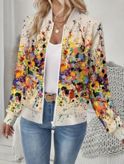 Clearance Women's Jacket Comfortable Print Outdoor Casual Boho Vintage Geometric Vacation Home Casual Daily Wear Short Baseball Collar Regular Fit Long Sleeve Outerwear Black And White Light Yellow Leopard Women Jackets