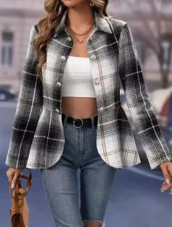 Hot Women's Jacket Party Button Plaid Windproof Fashion Regular Fit Outerwear Long Sleeve Fall S Women Blazers & Suits