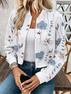 New Women's Jacket Party Zipper Floral Windproof Fashion Regular Fit Outerwear Long Sleeve Fall S Women Blazers & Suits