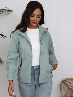 Discount Women's Jacket Trench Coat School Zipper Solid Color Waterproof Simple Regular Fit Outerwear Long Sleeve Fall Black S Women Jackets