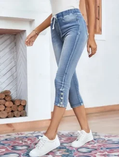 Women's Jeans Chinos Vacation Vintage Fashion Calf-Length High Waist Plain Pocket Comfy Soft Comfortable Stretchy Outdoor Street Summer Regular Fit Women Jeans
