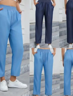 Sale Women's Jeans Linen Pants Pants Trousers Lightweight Casual Full Length Mid Rise Plain Pocket Breathability Comfortable Inelastic Home Casual Daily Light Sky Blue Navy Summer Spring Regular Fit Women Pants
