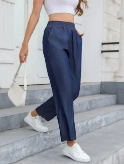 Sale Women's Jeans Linen Pants Pants Trousers Lightweight Casual Full Length Mid Rise Plain Pocket Breathability Comfortable Inelastic Home Casual Daily Light Sky Blue Navy Summer Spring Regular Fit Women Pants