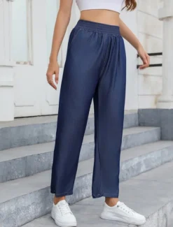 Sale Women's Jeans Linen Pants Pants Trousers Lightweight Casual Full Length Mid Rise Plain Pocket Breathability Comfortable Inelastic Home Casual Daily Light Sky Blue Navy Summer Spring Regular Fit Women Pants