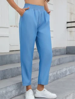 Sale Women's Jeans Linen Pants Pants Trousers Lightweight Casual Full Length Mid Rise Plain Pocket Breathability Comfortable Inelastic Home Casual Daily Light Sky Blue Navy Summer Spring Regular Fit Women Pants