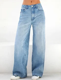 Discount Women's Jeans Wide Leg Fashion Streetwear Full Length High Waist Plain Pocket Comfy Soft Comfortable Micro-elastic Outdoor Street Spring & Fall Regular Fit Women Pants