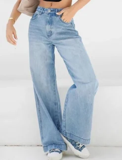 Discount Women's Jeans Wide Leg Fashion Streetwear Full Length High Waist Plain Pocket Comfy Soft Comfortable Micro-elastic Outdoor Street Spring & Fall Regular Fit Women Pants