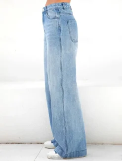 Discount Women's Jeans Wide Leg Fashion Streetwear Full Length High Waist Plain Pocket Comfy Soft Comfortable Micro-elastic Outdoor Street Spring & Fall Regular Fit Women Pants
