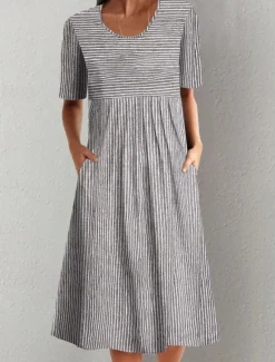 Clearance Women's Jumper Dress Stripe Ruched Print Crew Neck Midi Dress Elegant Bohemia Home Daily Summer Women T Shirt Dresses