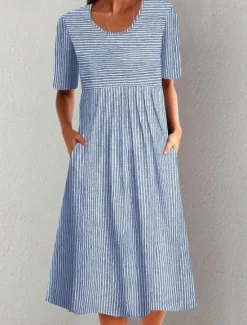 Clearance Women's Jumper Dress Stripe Ruched Print Crew Neck Midi Dress Elegant Bohemia Home Daily Summer Women T Shirt Dresses
