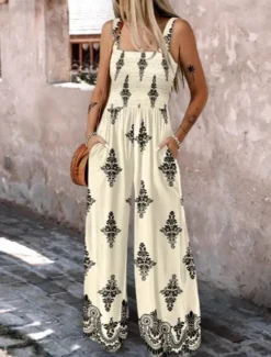 Clearance Women's Jumpsuit Active Floral Sleeveless Bootcut Vacation Street Regular Fit Black Beige Summer Women Graphic Jumpsuit