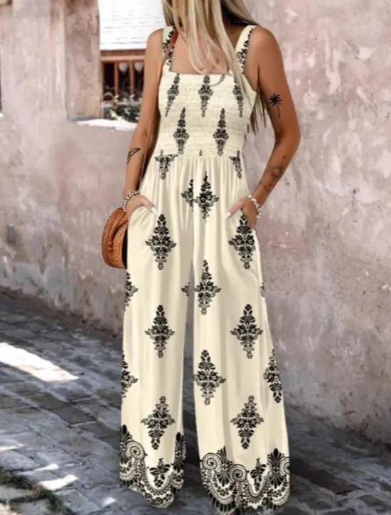 Clearance Women's Jumpsuit Active Floral Sleeveless Bootcut Vacation Street Regular Fit Black Beige Summer Women Graphic Jumpsuit