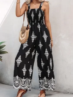 Clearance Women's Jumpsuit Active Floral Sleeveless Bootcut Vacation Street Regular Fit Black Beige Summer Women Graphic Jumpsuit