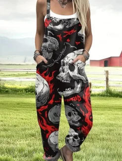 Women's Jumpsuit Active Graphic Sleeveless Sleeveless Wide Leg Pocket Buttons Vacation Street Loose Fit Black Red Navy Blue Summer Women Jumpsuits|Graphic Jumpsuit