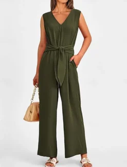 Outlet Women's Jumpsuit Active Solid Color Sleeveless V Neck High Waist Vacation Daily Linen Like Regular Fit Black Wine Army Green Summer Women Jumpsuits|Sets