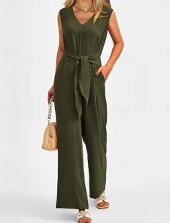 Outlet Women's Jumpsuit Active Solid Color Sleeveless V Neck High Waist Vacation Daily Linen Like Regular Fit Black Wine Army Green Summer Women Jumpsuits|Sets