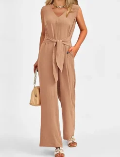 Outlet Women's Jumpsuit Active Solid Color Sleeveless V Neck High Waist Vacation Daily Linen Like Regular Fit Black Wine Army Green Summer Women Jumpsuits|Sets