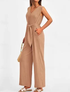 Outlet Women's Jumpsuit Active Solid Color Sleeveless V Neck High Waist Vacation Daily Linen Like Regular Fit Black Wine Army Green Summer Women Jumpsuits|Sets